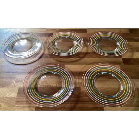 Vintage Anchor Hocking Painted Glass Striped Salad Plates Set Of 5 - Picture 5 of 9